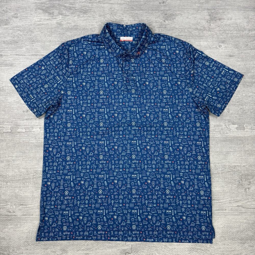 Fore Fathers XXL Lone Star Texas Polo Shirt Men Blue AOP Performance Preppy EUC